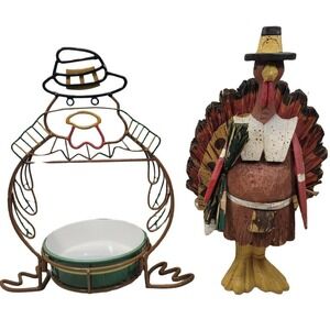 LTD Commodities Thanksgiving Turkey Decor Set Brown Green Wire Dish and Figurine